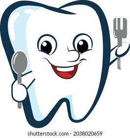 Happy Smiling Tooth Character Holding Spoon And Fork Vector Illustration