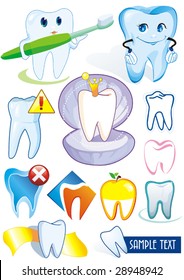 Happy smiling Tooth on white background - vector set illustration. Twelve Medical icons of teeth. - Part 1. Collection stomatology isolated different symbols.