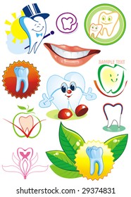 Happy smiling Tooth on white background - vector set illustration. Eleven Medical icons of teeth. - Part 2. Collection stomatology isolated different symbols.