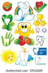 Happy smiling Tooth on white background - vector set illustration. Fourteen Medical icons of teeth. - Part 4. Collection stomatology isolated different symbols.