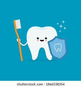 Happy smiling tooth with toothbrush and shield. Vector illustration