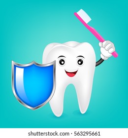 Happy Smiling Tooth With Toothbrush And Shield. Illustration, Dental care concept.