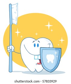 Happy Smiling Tooth With Toothbrush  And Shield