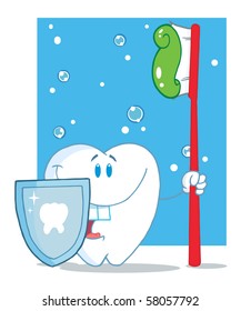 Happy Smiling Tooth With  Toothbrush  And Shield