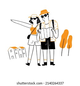 Happy smiling tourist couple enjoying their summer vacation getaway together, Hand drawn vector illustration.