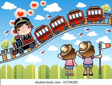 Happy Smiling Train Driver With Cute Children