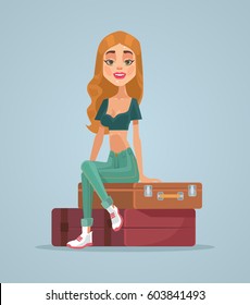 Happy smiling traveler woman character sitting on suitcase bags. Vector flat cartoon illustration