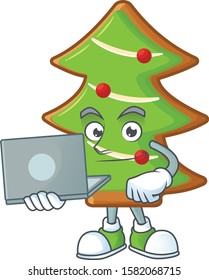 Happy smiling trees cookies cartoon character working with laptop