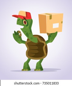Happy smiling turtle courier character showing ok sight. Vector flat cartoon illustration