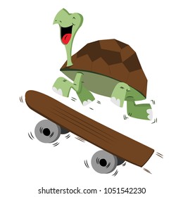 Happy smiling turtle running with a skateboard for speed concept - Vector illustration isolated on white background