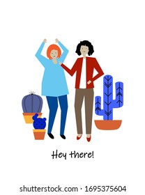 Happy smiling two girls flat vector illustration. Positive cartoon characters and cacti isolated on the background. Bright banner design. 
