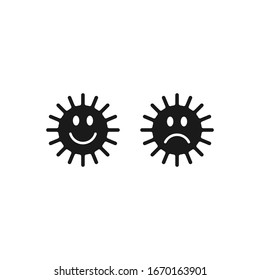 Happy smiling and unhappy sad virus face icon. Positive and negative disease symbol. Influenza epidemic smile logo. Covid-19 sign. Black silhouette isolated on white background. Vector image.