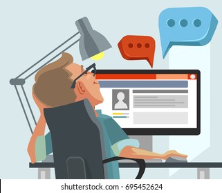 Happy smiling user man character communicates on Internet. Vector flat cartoon illustration