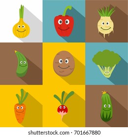 Happy smiling vegetables icons set. Flat set of 9 happy smiling vegetables vector icons for web with long shadow