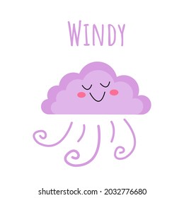 Feliz sonriente ilustración del viento violeta. Carácter de garabato del tiempo corto