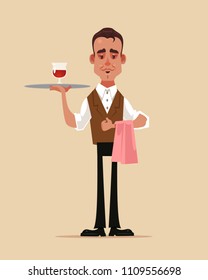 Happy smiling waiter man boy character holding tray with glass red wine. Food service concept flat cartoon design graphic isolated illustration