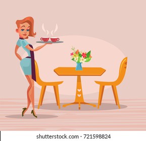 Happy smiling waiter woman character hold tray with cup of coffee. Vector flat cartoon illustration