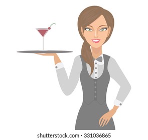 happy smiling waitress with tray and cocktail