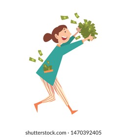 Happy Smiling Wealthy Young Woman with Lot of Money, Lucky Successful Rich Girl Vector Illustration