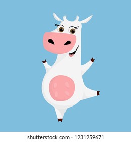 Happy, smiling white cow with big eyes. Сheering dancing farm toy animal. Character design. Cartoon vector illustration