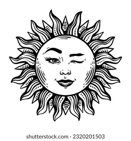 Happy smiling winking vintage sun, engraved art. Ink vector style