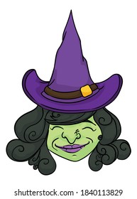 Happy and smiling witch face with green skin, purple pointy hat with band and buckle.