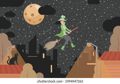 Happy smiling witch in green clothes flying on broomstick vector flat illustration. Young woman using magic to fly above the night city. Outdoor landscape. Halloween scary night background concept.