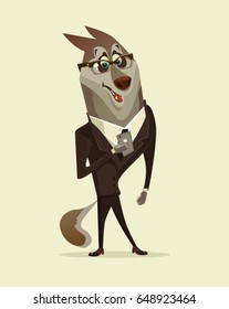 Happy smiling wolf dog businessman office worker manager character. Business success.Vector flat cartoon illustration