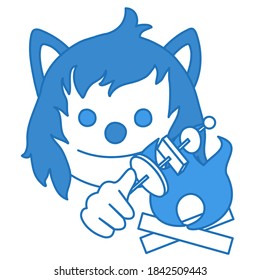 happy smiling wolf toasting marshmallows on a bonfire, smiling emotion roasting some food on a stick, funny cartoon character with simplistic facial expression, simple hand drawn emoticon