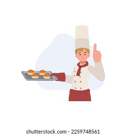 Happy Smiling woman bakery staff holding tray of fresh loaves anf doing Thumb up hang sign. Flat vector illustration