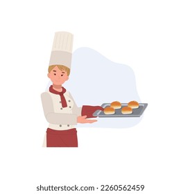 Happy Smiling woman bakery staff presenting tray of fresh loaves. Flat vector illustration