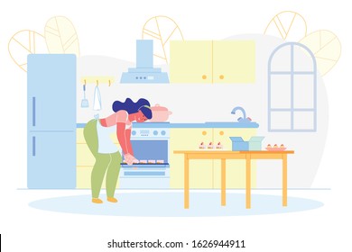 Happy Smiling Woman Baking Cakes, Muffins, Cupcakes at Home Kitchen. Homemade Bakery. Housewife in Apron Cooking and Selling Handmade Pastry and Confectionary. Vector Cartoon Flat Illustration