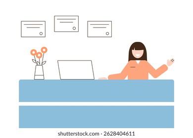 Happy smiling woman behind the front desk greeting visitors. Flat vector illustration isolated on white background