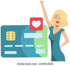Happy smiling woman with big bank card. Female who use debit card and get cashback for shopping. Casual consumer with plastic card on white background. Satisfied client of financial institution