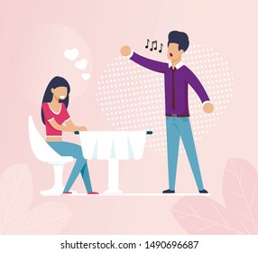 Happy Smiling Woman at Cafe Listening to Male Singer Sitting at Table. Cartoon Girl Fell in Love with Restaurant Melodist. Romantic Song and Dating. Hearts and Foliage Design Vector Flat Illustration