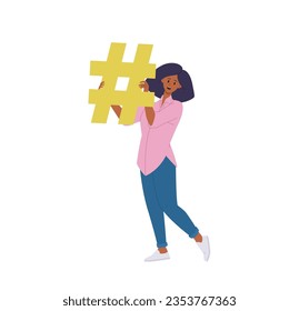 Happy smiling woman cartoon blogger character holding hashtag follow symbol isolated on white