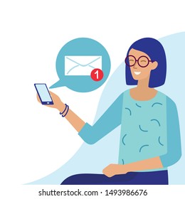 Happy Smiling Woman Cartoon Character in Eyeglasses Shows Received Email Online on Smartphone. New Incoming Letter Notification in Speech Bubble. Mobile Application. Vector Flat Isolated Illustration