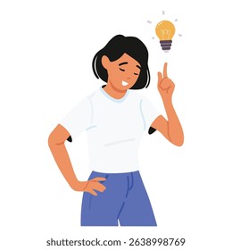 Happy smiling woman cartoon character having brilliant idea and right decision isolated portrait on white. Inspired cheerful female personage with creative genius thoughts vector illustration
