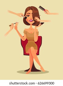 Happy smiling woman character in beauty salon. Vector flat cartoon illustration