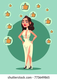 Happy smiling woman character get many likes. Vector cartoon illustration