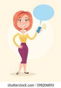Happy smiling woman character hold smartphone in hand receiving message. Vector flat cartoon illustration