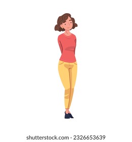 Happy Smiling Woman Character with Short Hair Standing with Hands Behind Vector Illustration