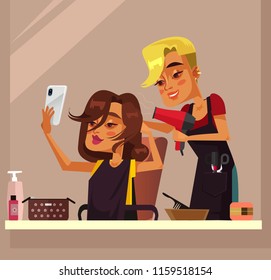 Happy smiling woman character sitting in beauty saloon and taking photo selfie. Vector flat cartoon illustration 