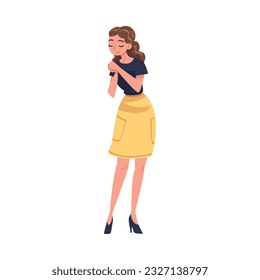 Happy Smiling Woman Character Standing Looking Down Vector Illustration