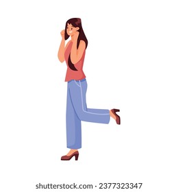 Happy Smiling Woman Character Standing Look at Someone Vector Illustration