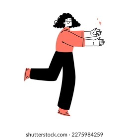 Happy Smiling Woman Character Walking with Outstretched Arms Towards Someone Vector Illustration