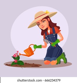 Happy smiling woman character working in garden and watering flowers. Vector flat cartoon illustration