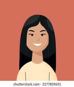 Happy Smiling Woman Close-up Flat Vector Illustration. Brunette Female Girl. Happiness Concept, Life Satisfaction, Fulfillment, Joyful Teenager Isolated. Single Self-sufficient Independent Woman