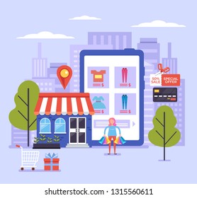 Happy smiling woman consumer character making purchasing by internet shop. Online digital shopping delivery concept. Vector flat design graphic isolated illustration