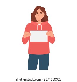 Happy smiling woman displaying white blank placard, mockup for design. Positive  girl  with empty advertising banner, copy space.Teenage girl shows a poster. Vector illustration isolated